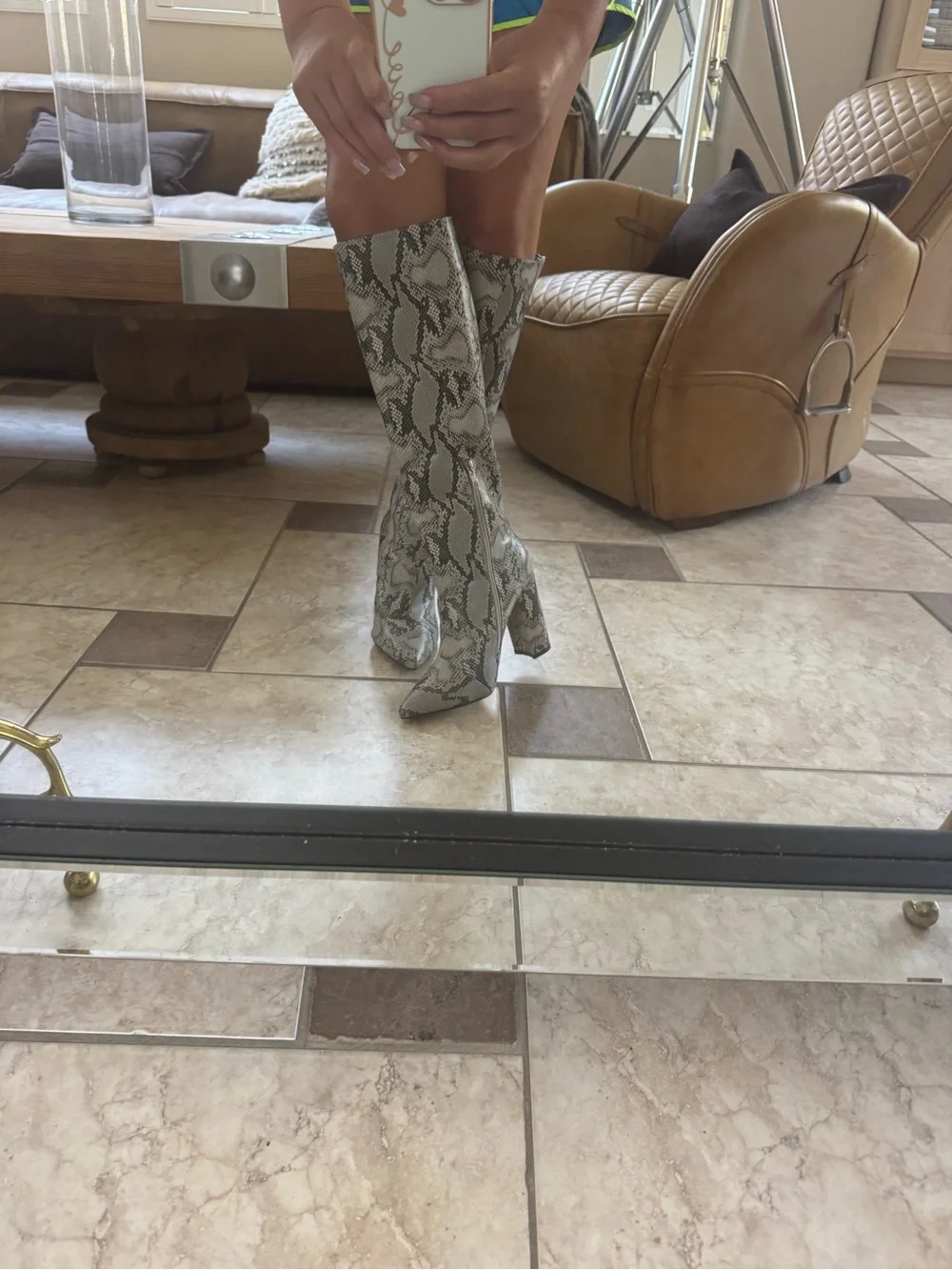 Over-the-Knee Snake-Print Pointed Toe Boots - Gray